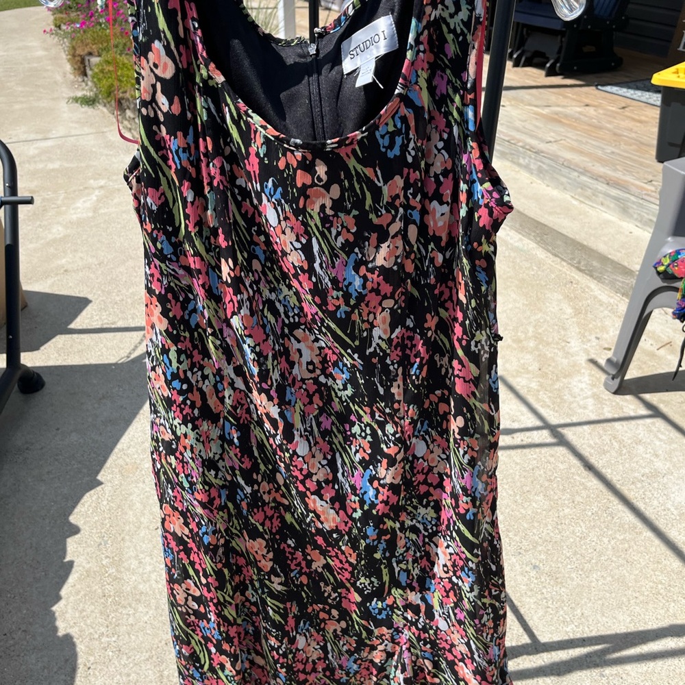Studio 17 Women's Vibrant Floral Midi Dress - Black, Pink, and Blue